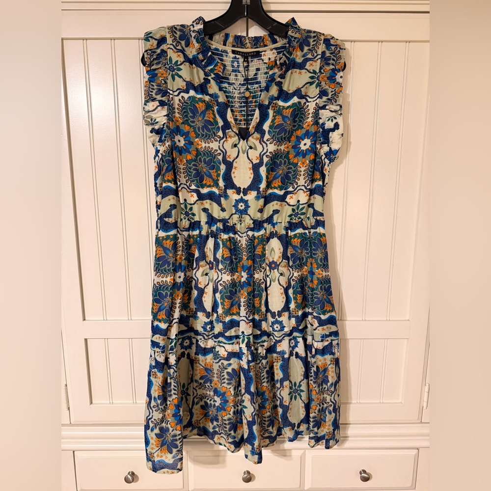 Caballero Blue Floral Print Emmeline Wildcat Tapestry Dress size Medium